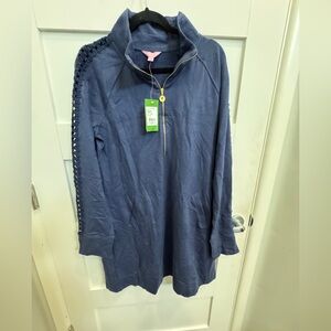 Lilly Pulitzer Blue Quarter-Zip Pullover Dress with Crotchet Sleeve detail